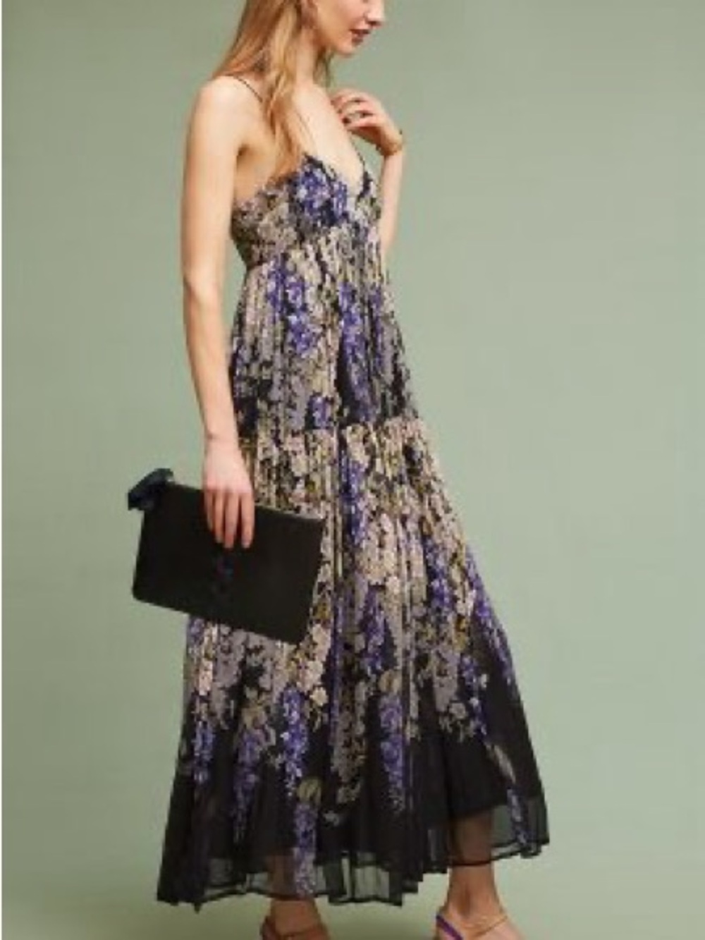 Anthropologie Floral V-Neck Maxi Dress in Black and Purple